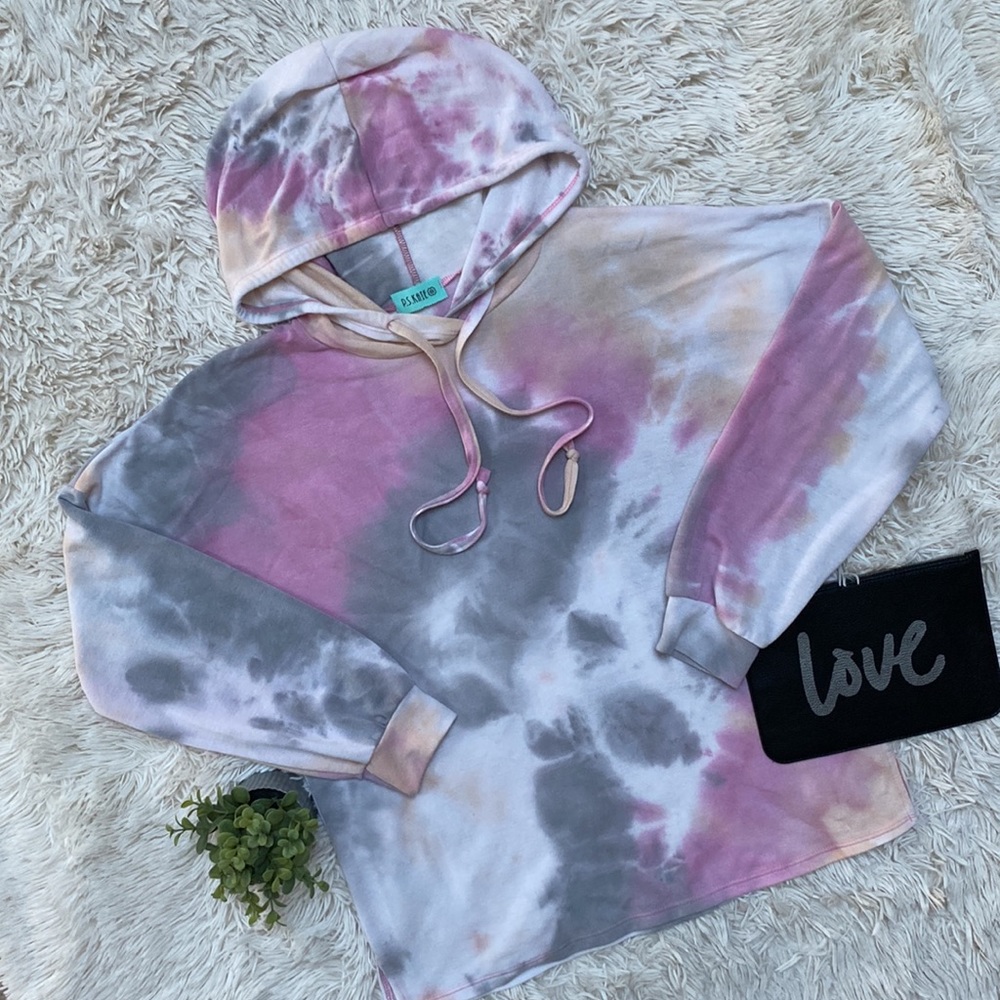 P.S. Kate Tie Dye Hooded LS Top 💗 White Gray & Pink